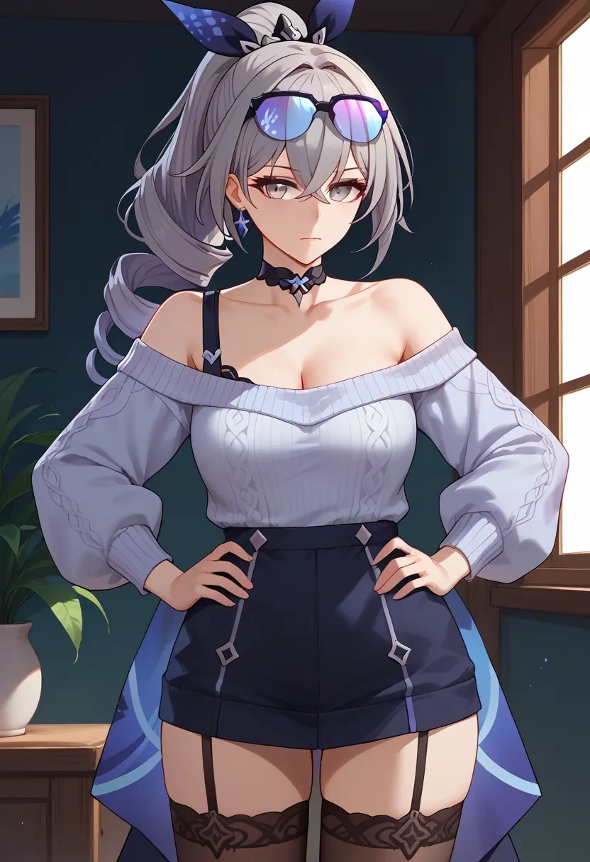 star rail,silver wolf,Hands on hips,off-shoulder,sweater,stockings  - 